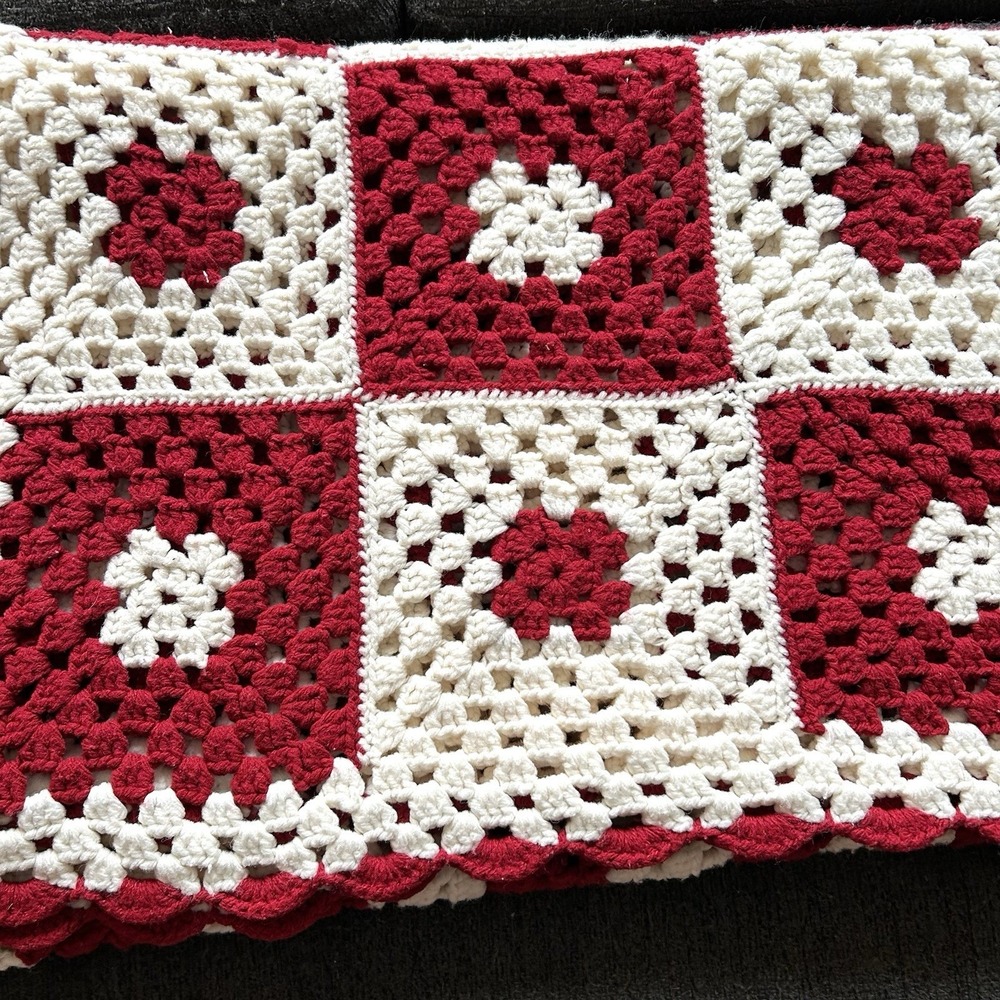 Vintage Handmade Crochet Granny Square Afghan Blanket – Red & White – 72"x50"